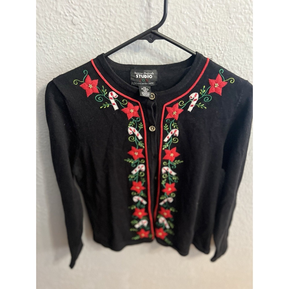 Studio Joy Christmas Cardigan Women Size‎ PM Button Up Poinsettia